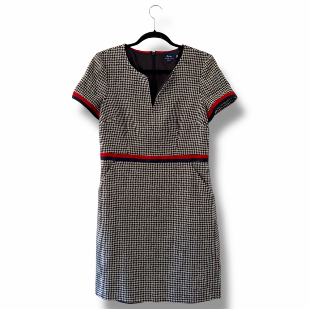 Boden Black & White Houndstooth Shift Dress with Red Trim - Picture 2 of 14